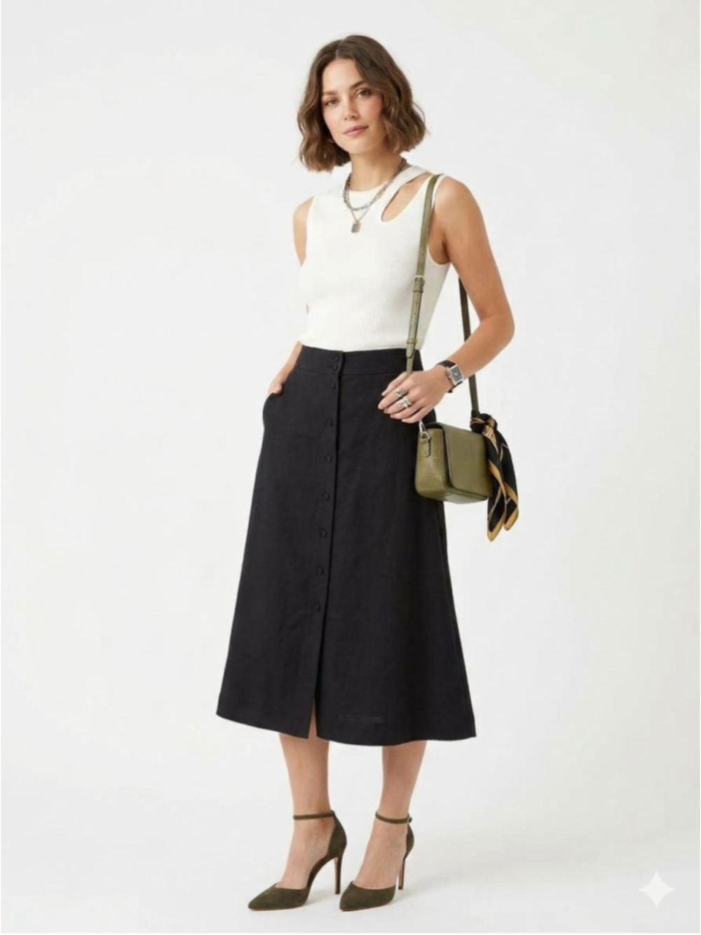 Women's Frank And Oak Black Midi Skirt with Front Button Detail Size XS - 868